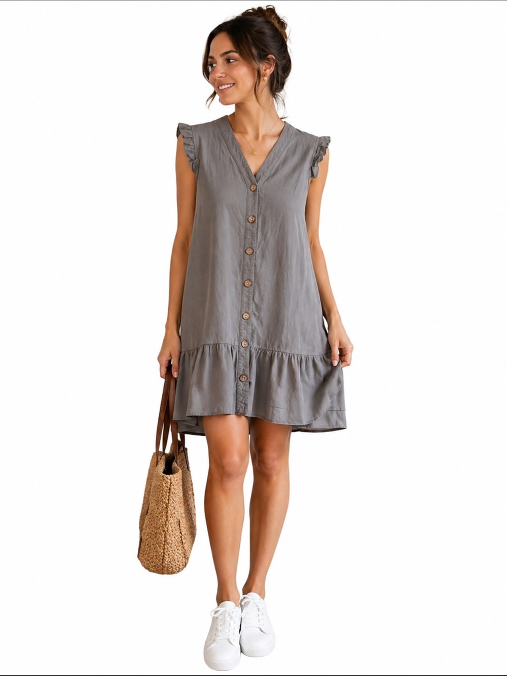 Sleeveless Olive Green Button-Front Ruffle Hem Dress Size S/M